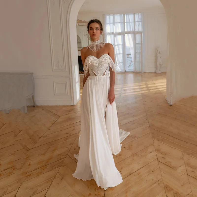Elegant Ivory Chiffon Sheath Wedding Dress Simple Sweetheart Neck Pleat Tassel Bride Gown Illusion Backless Lace Up Sweep Train
Elegant Ivory Chiffon Sheath Wedding Dress Simple Sweetheart Neck Pleat Tassel Bride Gown Illusion Backless Lace Up Sweep Train