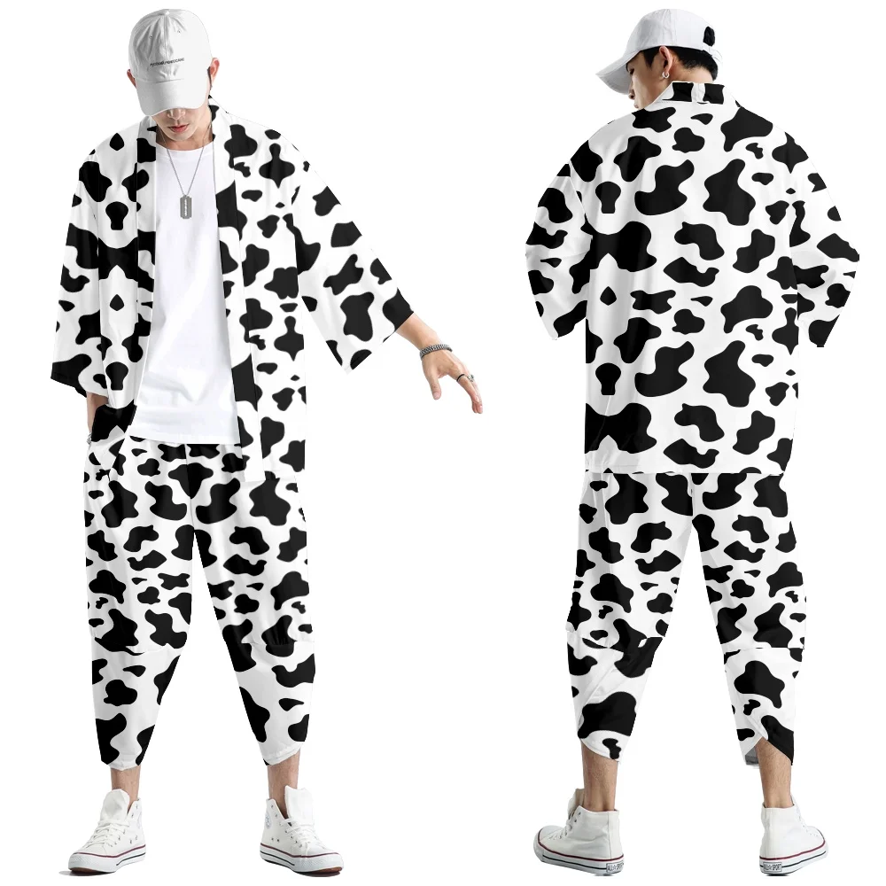 Two-piece Suit Black White Cow Pattern Japanese Cardigan Women Men Cosplay Yukata Clothing Harajuku Samurai Kimono + Pants Sets
Two-piece Suit Black White Cow Pattern Japanese Cardigan Women Men Cosplay Yukata Clothing Harajuku Samurai Kimono + Pants Sets