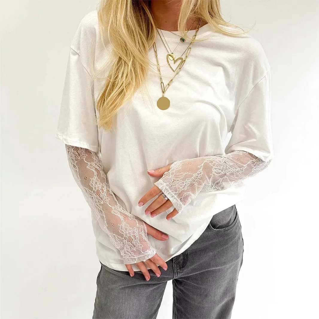 2026 New Round Neck T-shirt Women's Lace Long Sleeve Top Casual Shirt Spring Loose Solid Color Street
2026 New Round Neck T-shirt Women's Lace Long Sleeve Top Casual Shirt Spring Loose Solid Color Street