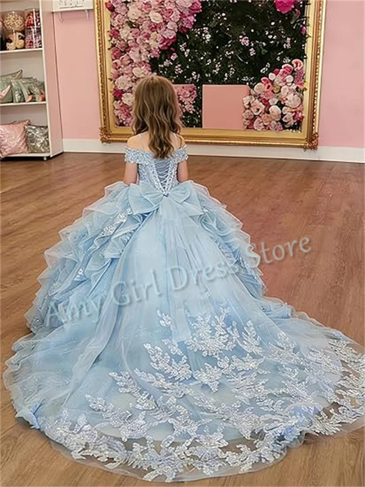 Customized Blue Flower Girl Dress For Wedding Floor Length Appliuques With Train Puffy Tulle Princess Quinceanera Banquet Gown
Customized Blue Flower Girl Dress For Wedding Floor Length Appliuques With Train Puffy Tulle Princess Quinceanera Banquet Gown