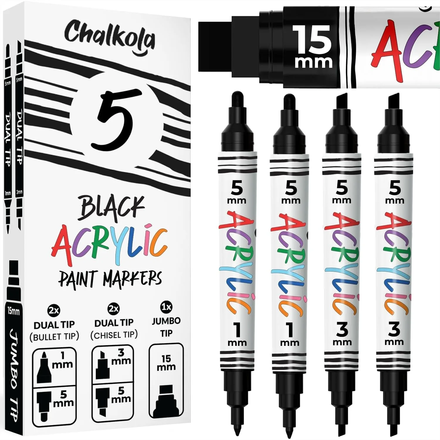 Black Acrylic Paint Pen Set - 4 Dual Tip Markers & 1 Jumbo 15mm for Posters, Wood, Metal, Fabric, Canvas, Glass, Plastic
Black Acrylic Paint Pen Set - 4 Dual Tip Markers & 1 Jumbo 15mm for Posters, Wood, Metal, Fabric, Canvas, Glass, Plastic