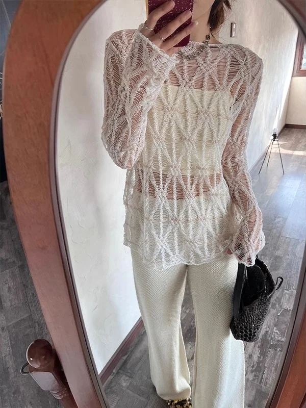 Ele Geometric Knitted Sunade Top round Ne Ice Silk Thin Summer See-tough Air Conditioning irt Women's Faion
Ele Geometric Knitted Sunade Top round Ne Ice Silk Thin Summer See-tough Air Conditioning irt Women's Faion