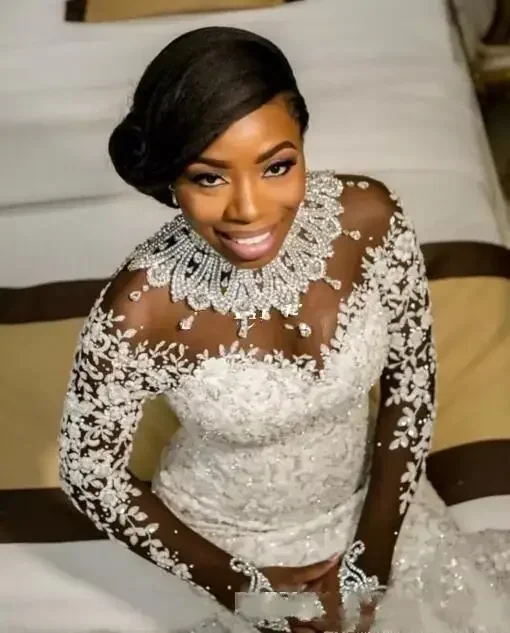 Customized Luxury High Neck African Plus Size Wedding Dress Sweep Crystals Beaded Mermaid Illsion Long Sleeve Bridal Gowns
Customized Luxury High Neck African Plus Size Wedding Dress Sweep Crystals Beaded Mermaid Illsion Long Sleeve Bridal Gowns