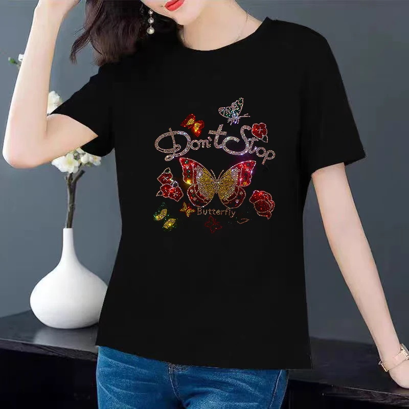 Fashionable Rhinestone beautiful flower women's summer short sleeve cotton round neck casual T-shirt
Fashionable Rhinestone beautiful flower women's summer short sleeve cotton round neck casual T-shirt