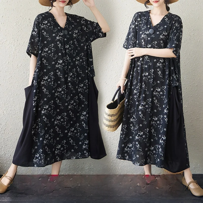 Summer New Cotton Linen Print Splicing Holiday Casual Overhead V-neck Short Sleeve Wide Swing Dress Women's Straight Tube Skirt
Summer New Cotton Linen Print Splicing Holiday Casual Overhead V-neck Short Sleeve Wide Swing Dress Women's Straight Tube Skirt