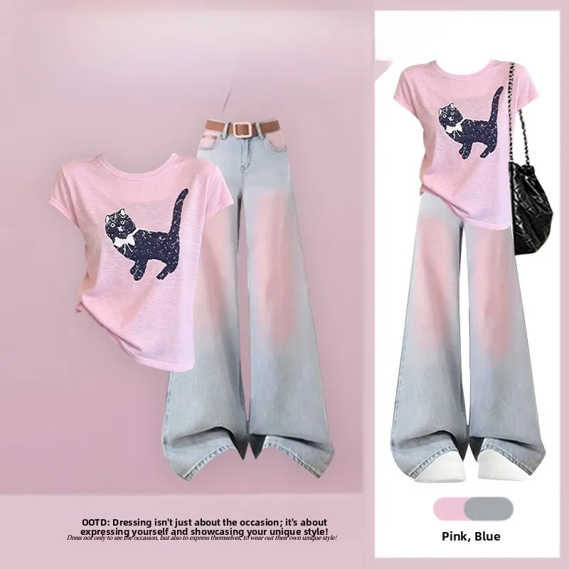Summer 2026 Slimming Print Casual Loose Top And Jeans Two-Piece Set Fashionable Women's Clothing Meat Concealing
Summer 2026 Slimming Print Casual Loose Top And Jeans Two-Piece Set Fashionable Women's Clothing Meat Concealing
