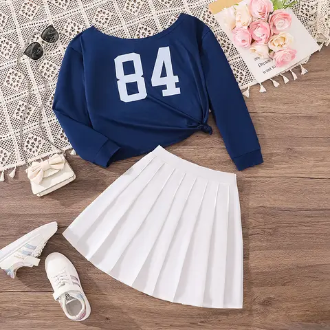 Girls Spring Autumn Suit with Diagonal Shoulder Letters Long Sleeves Pleated Overskirt Fashionable 8-12 Years Old Clothing