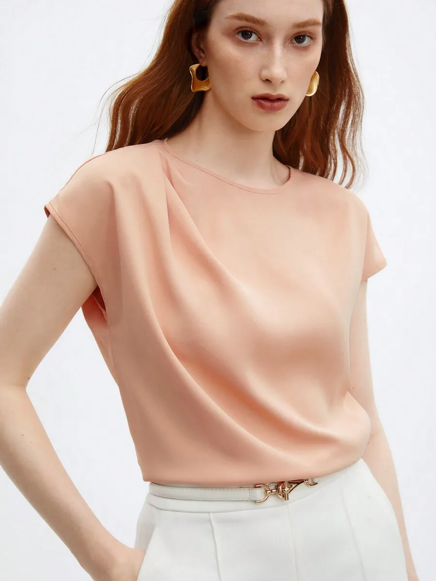 Women's Solid Peach Round Neck Cap Sleeve Top with Draped Detail
Women's Solid Peach Round Neck Cap Sleeve Top with Draped Detail