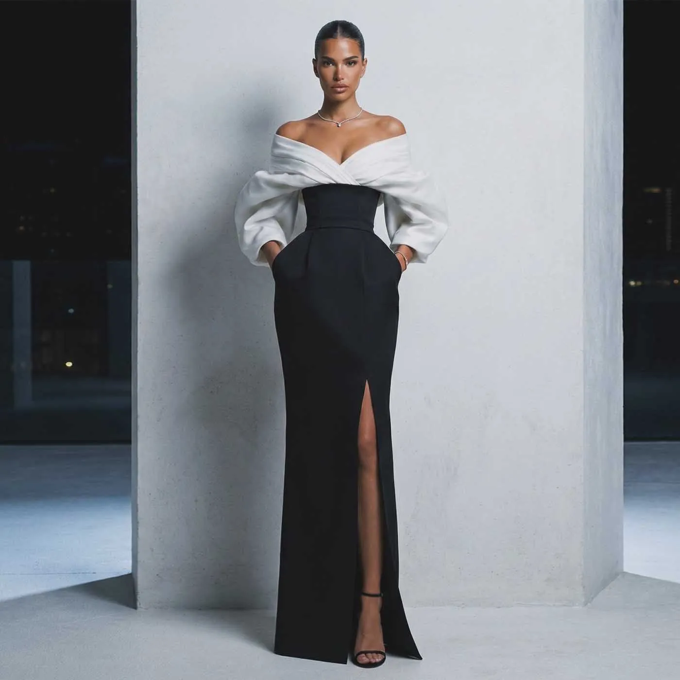 Off-Shoulder Black & Ivory Evening Gown Formal Party Dresses with Pockets 2 Colors Slit Long Prom Maxi Dress Custom Women Outfit
Off-Shoulder Black & Ivory Evening Gown Formal Party Dresses with Pockets 2 Colors Slit Long Prom Maxi Dress Custom Women Outfit