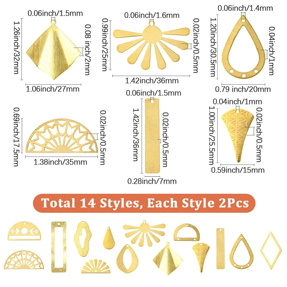 28Pcs 14 Styles Brass Filigree Joiners Links Pendants Hollow Mixed Shapes Raw(Unplated) 12~45x7~36x0.5~1mm Hole: 1~2mm
28Pcs 14 Styles Brass Filigree Joiners Links Pendants Hollow Mixed Shapes Raw(Unplated) 12~45x7~36x0.5~1mm Hole: 1~2mm