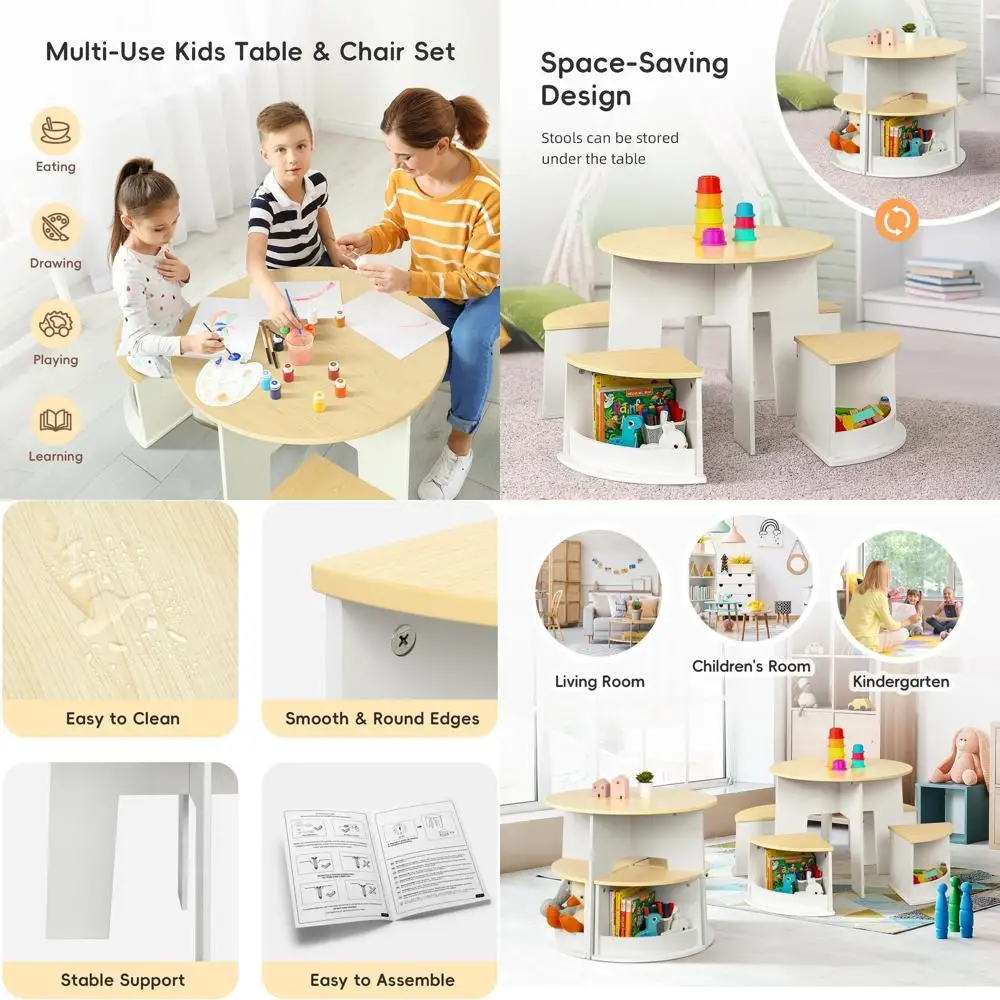 Children's Wooden Round Table and Chair Set with Storage Stools for Arts, Crafts, Reading, and Play
Children's Wooden Round Table and Chair Set with Storage Stools for Arts, Crafts, Reading, and Play