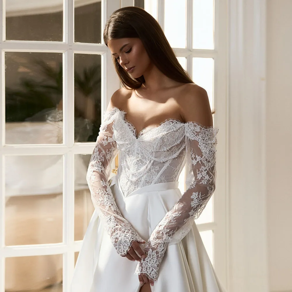 Eightale Arabic Wedding Dress Off Shoulder Customized Satin Lace High Split Long Sleeves Bridal Gown Party Dress Robe De Mariée
Eightale Arabic Wedding Dress Off Shoulder Customized Satin Lace High Split Long Sleeves Bridal Gown Party Dress Robe De Mariée
