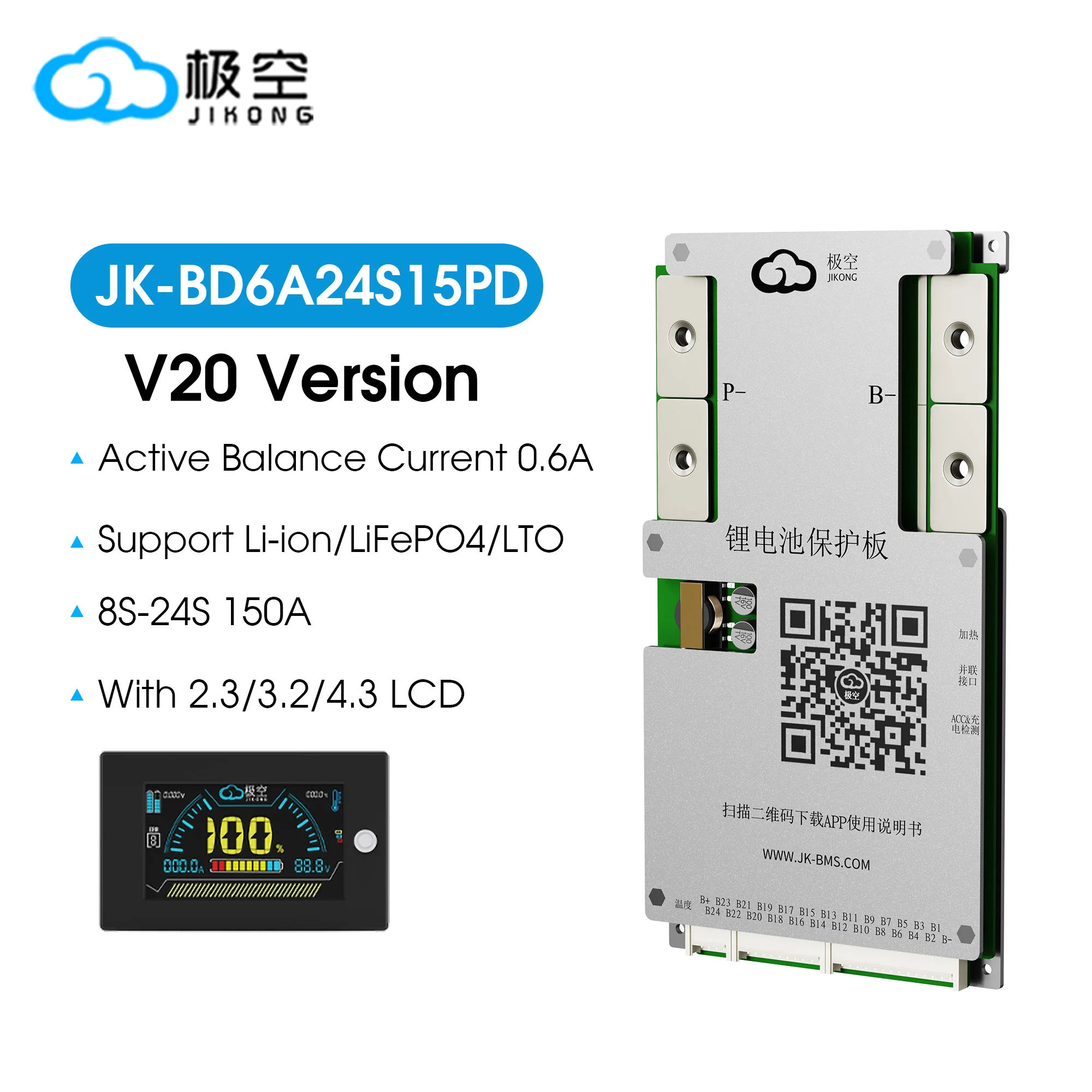 JIKONG JK-BD6A24S15PD 150A 8S-24S 24V-72V 150A Smart Active Balance Battery Management System for Lifepo4 Li-Ion LTO 18650
JIKONG JK-BD6A24S15PD 150A 8S-24S 24V-72V 150A Smart Active Balance Battery Management System for Lifepo4 Li-Ion LTO 18650