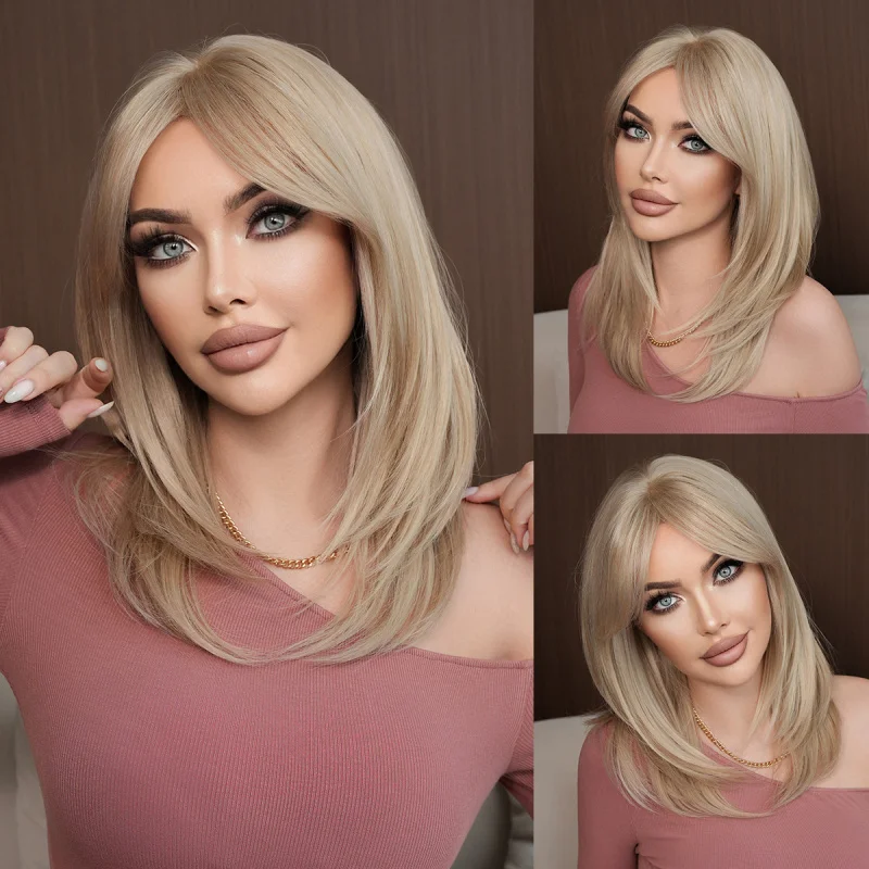 European and American style shoulder-length layered straight hair, light gray golden highlights, bangs in a figure-eight shape,
European and American style shoulder-length layered straight hair, light gray golden highlights, bangs in a figure-eight shape,