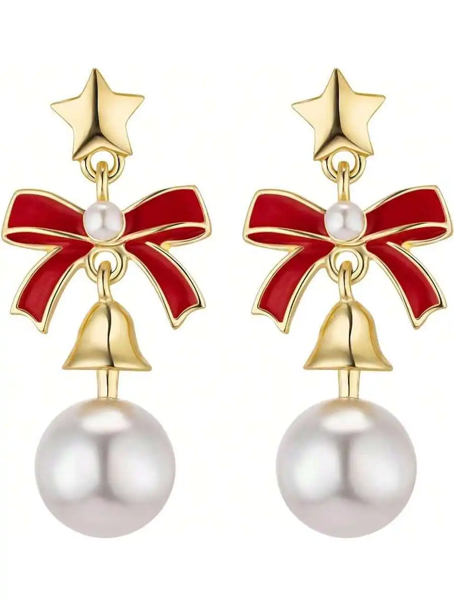 Red Bow Drop Earrings With Pearl And Bell Charm For Women
Red Bow Drop Earrings With Pearl And Bell Charm For Women