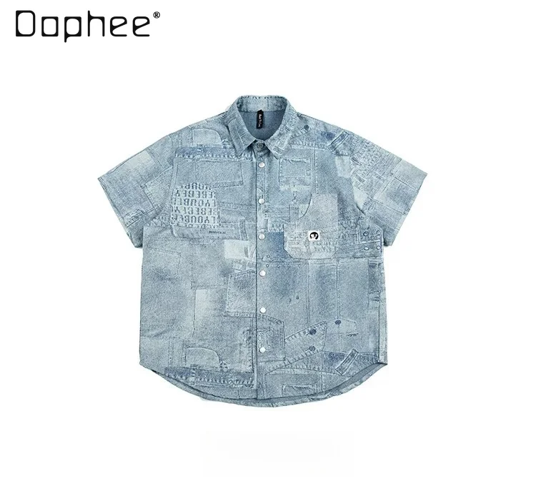 Men's Summer New Retro American Style Blue Patchwork Washed Denim Shirt Letter Design Loose Casual Short Sleeve Shirt
Men's Summer New Retro American Style Blue Patchwork Washed Denim Shirt Letter Design Loose Casual Short Sleeve Shirt