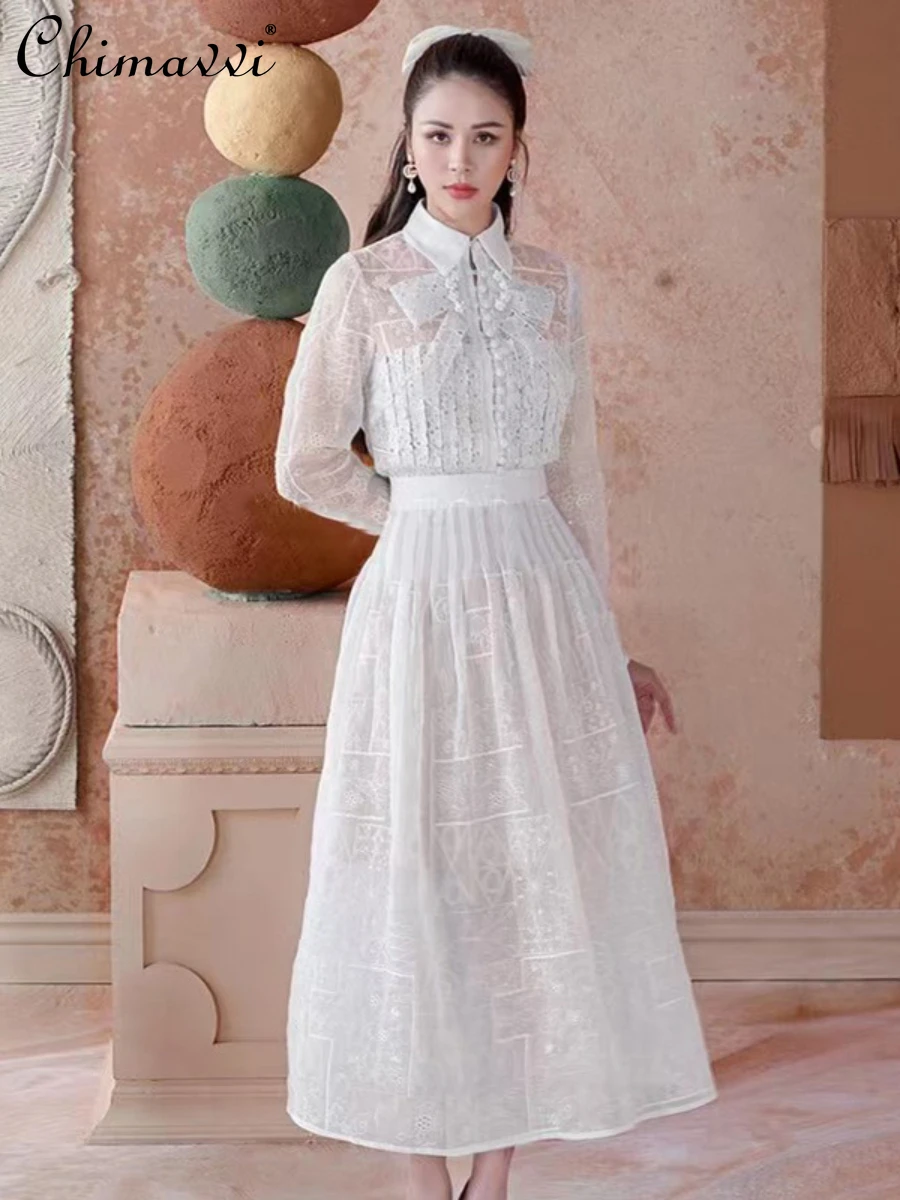 2022 Early Autumn New Lace White Top High Waist Skirt Suit Women Fashion Embroidery Bow Hollow out Skirt Two-Piece Set Ladies
2022 Early Autumn New Lace White Top High Waist Skirt Suit Women Fashion Embroidery Bow Hollow out Skirt Two-Piece Set Ladies