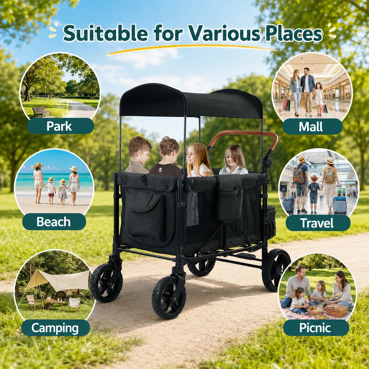 4-Seater Wagon Stroller, Campervan, foldable and portable, with adjustable handles, are suitable for traveling in autumn and winter
4-Seater Wagon Stroller, Campervan, foldable and portable, with adjustable handles, are suitable for traveling in autumn and winter