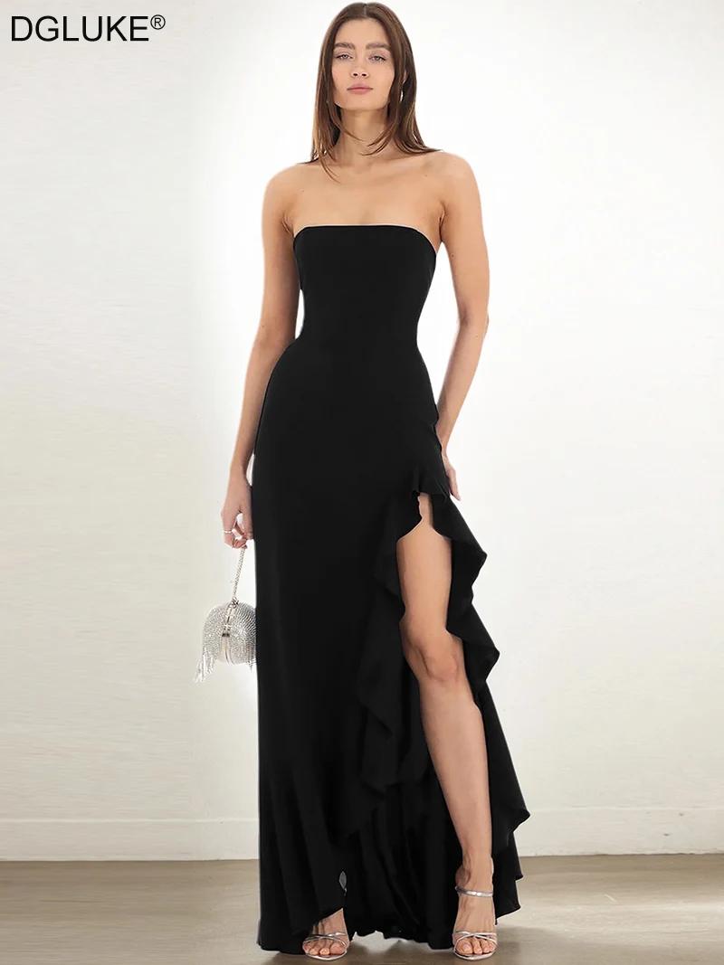 DGLUKE Black Strapless Maxi Dress Woman High Split Ruffle Long Dress Elegant Fit And Flare Party Dress
DGLUKE Black Strapless Maxi Dress Woman High Split Ruffle Long Dress Elegant Fit And Flare Party Dress