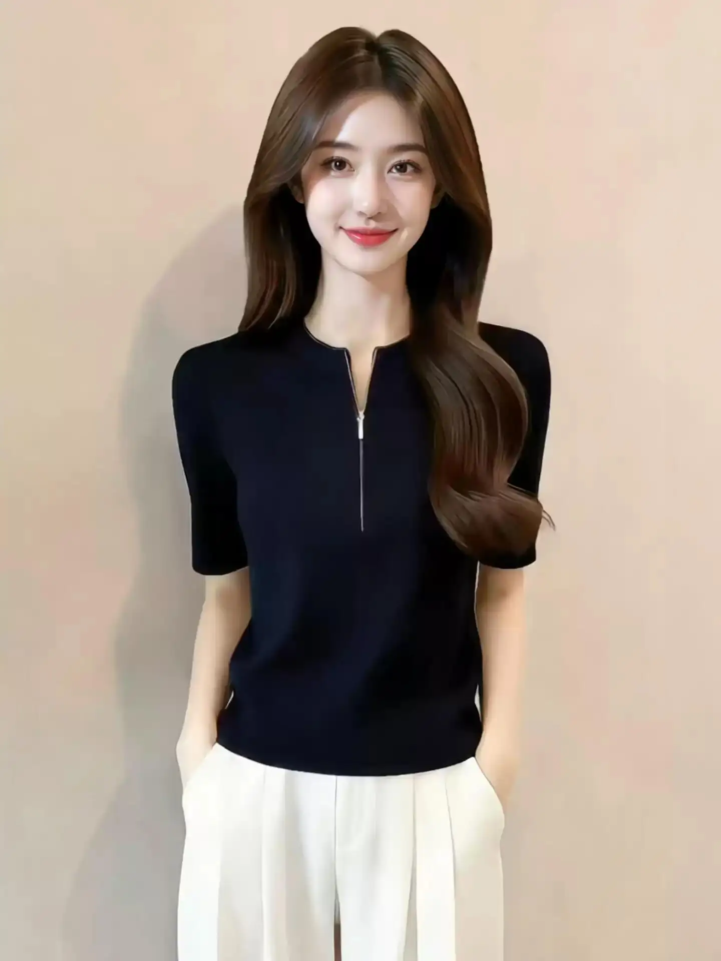 Fashionable Versatile Half Zip Knitted Top Short Sleeve Spring Summer Women's Clothing Comfortable Breathable mid Gauge Knit
Fashionable Versatile Half Zip Knitted Top Short Sleeve Spring Summer Women's Clothing Comfortable Breathable mid Gauge Knit