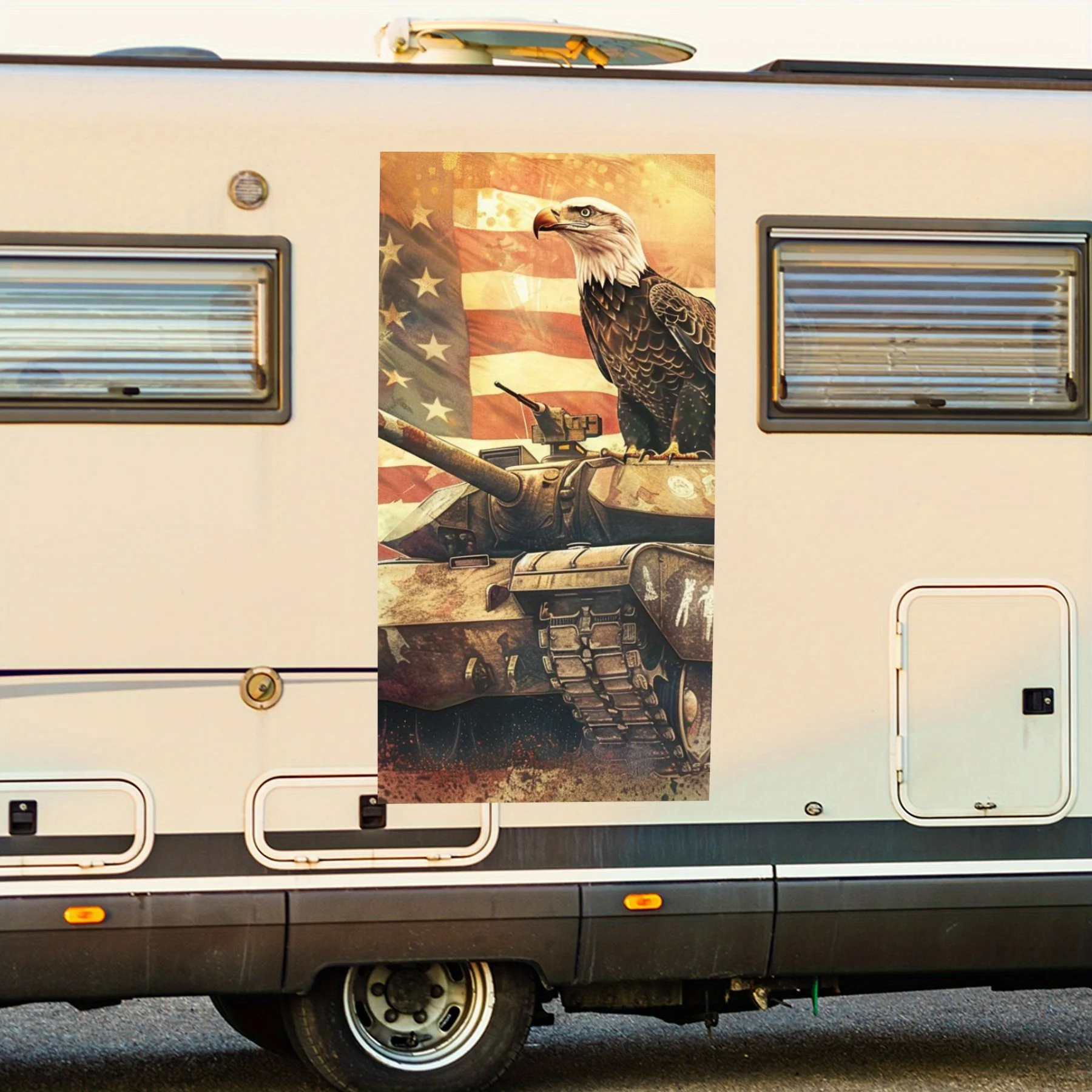 Eagle on Tank with Flag,Motorhome Car Door Sticker PVC Self Waterproof Stick, Striking Auto Exterior Accessories Decor Protect G
Eagle on Tank with Flag,Motorhome Car Door Sticker PVC Self Waterproof Stick, Striking Auto Exterior Accessories Decor Protect G