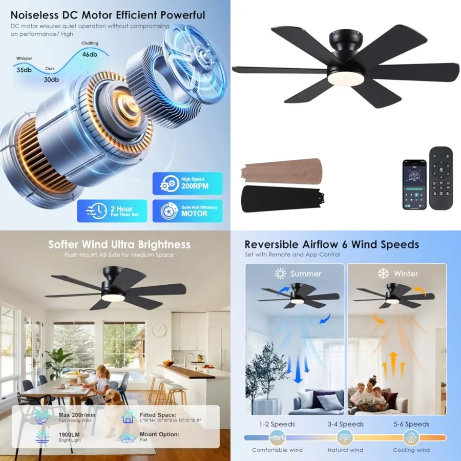 Ceiling Fans with Lights, Ceiling Fan with Remote APP, Dual-Sided Modern/Rustic 6 Blades, Reversible, 3CCT, Flush Mount Low Pro
Ceiling Fans with Lights, Ceiling Fan with Remote APP, Dual-Sided Modern/Rustic 6 Blades, Reversible, 3CCT, Flush Mount Low Pro