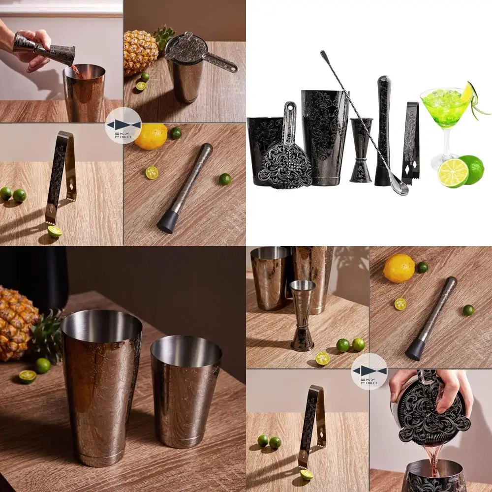7-Piece Stainless Steel Cocktail Shaker Set with Black Etched Bar Tools, Boston Tins, Mixing Spoon, Mojito Muddler, Double Jigge
7-Piece Stainless Steel Cocktail Shaker Set with Black Etched Bar Tools, Boston Tins, Mixing Spoon, Mojito Muddler, Double Jigge