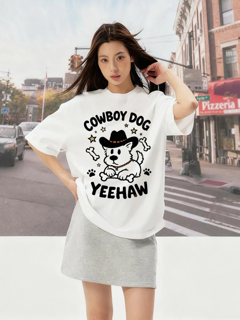 Женская футболка с короткими рукавами, свободная футболка с короткими рукавами, белая ковбойская собака с рисунком и модный текстовый принт «COWBOY DOG YEEHAW» 
Женская футболка с короткими рукавами, свободная футболка с короткими рукавами, белая ковбойская собака с рисунком и модный текстовый принт «COWBOY DOG YEEHAW»