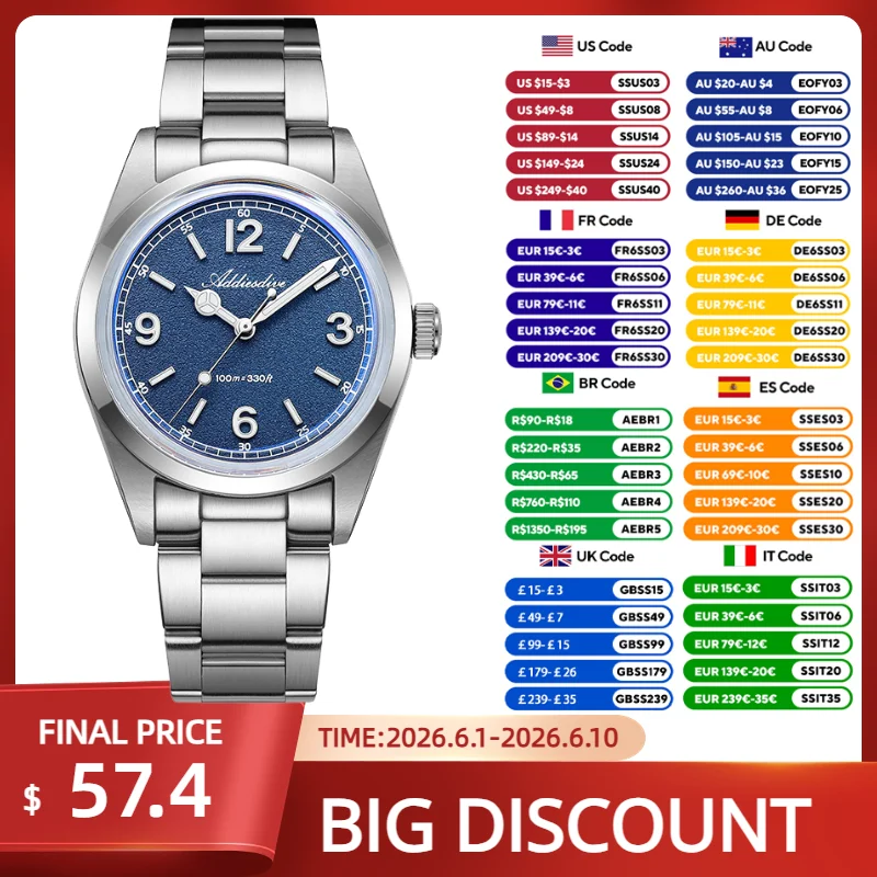 ADDIESDIVE Fashion Men's Quartz Watches Japan VH31 Bubble Glass 36mm Super Luminous Watch 100m Waterproof Stainless Steel Watch
ADDIESDIVE Fashion Men's Quartz Watches Japan VH31 Bubble Glass 36mm Super Luminous Watch 100m Waterproof Stainless Steel Watch