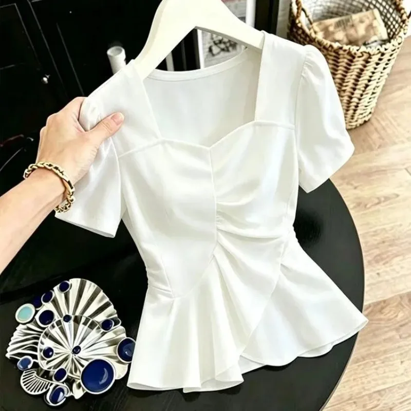 Women Square Neck Puff Sleeve Top Ruched Waist Ruffle Hem Slim Fit T Shirt For Casual Daily Outfit
Women Square Neck Puff Sleeve Top Ruched Waist Ruffle Hem Slim Fit T Shirt For Casual Daily Outfit