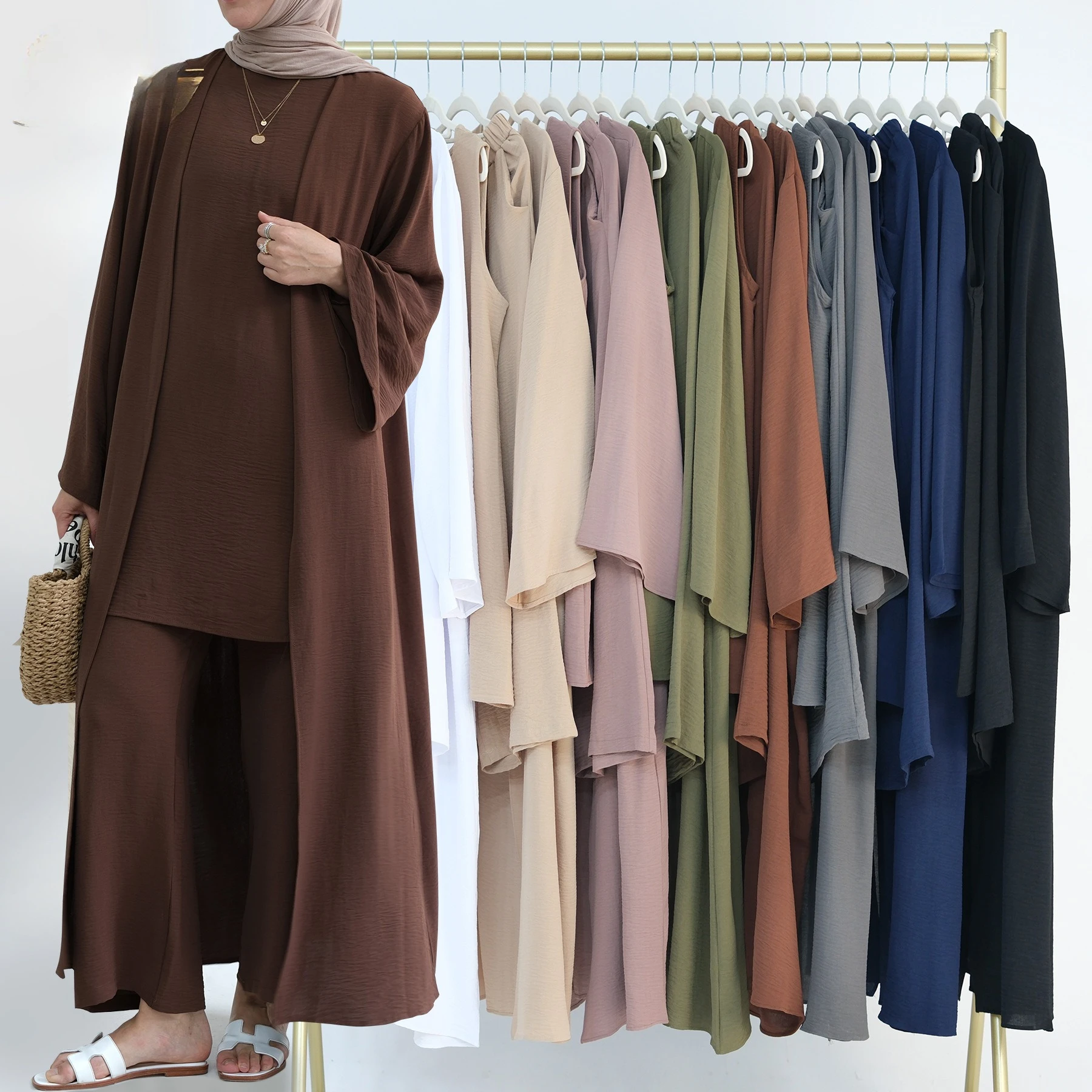 Wholesale Muslim Sets Islamic Clothing Modest Dubai Jazz Crepe Cardigan Kimonos Women Muslim Dress Abaya Pants 3PCS Set
Wholesale Muslim Sets Islamic Clothing Modest Dubai Jazz Crepe Cardigan Kimonos Women Muslim Dress Abaya Pants 3PCS Set