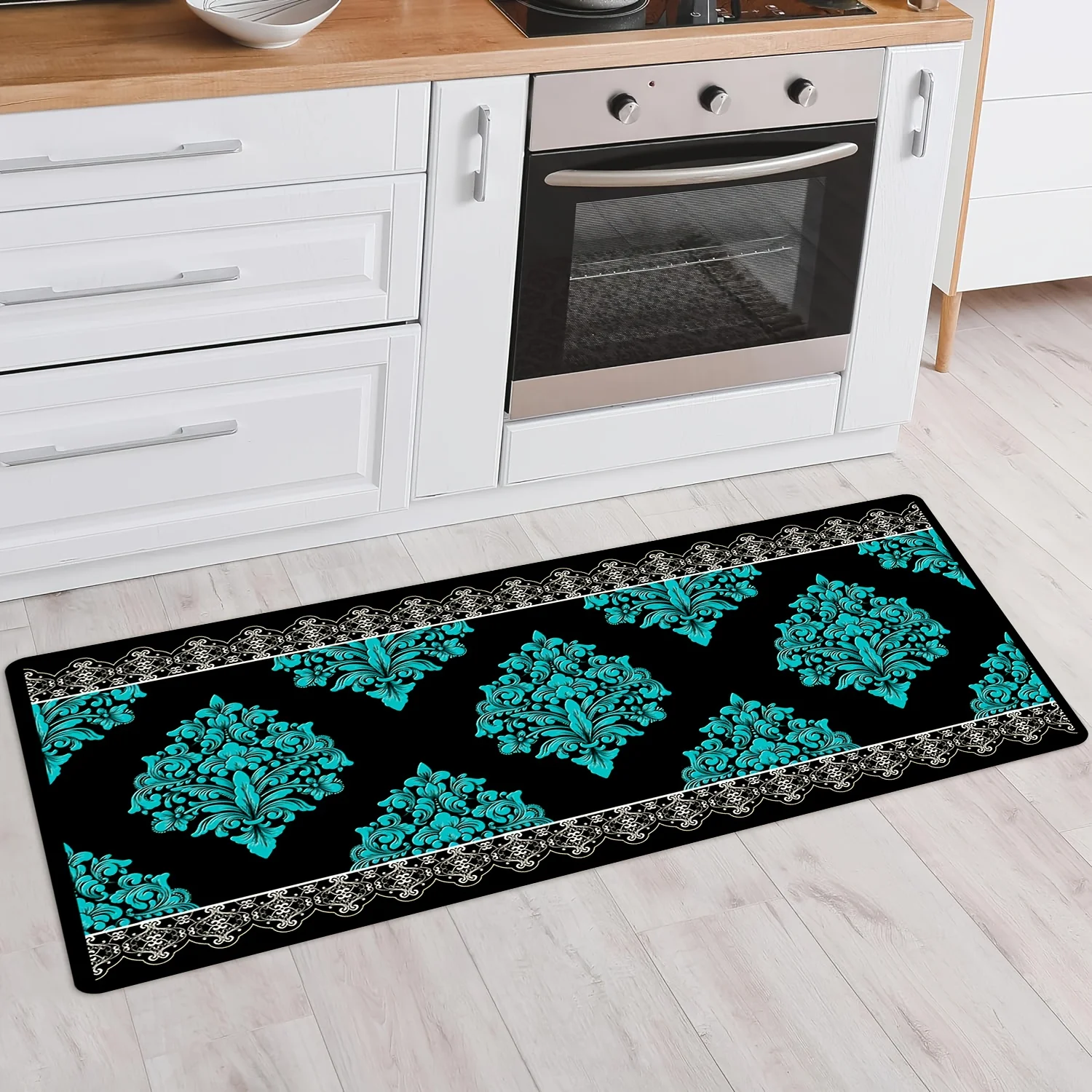 Elegant Black and Turquoise Damask Kitchen Long Mat, Non-Slip Washable Durable Floor Mat for Hallway, Kitchen, Bedroom, Entryway
Elegant Black and Turquoise Damask Kitchen Long Mat, Non-Slip Washable Durable Floor Mat for Hallway, Kitchen, Bedroom, Entryway