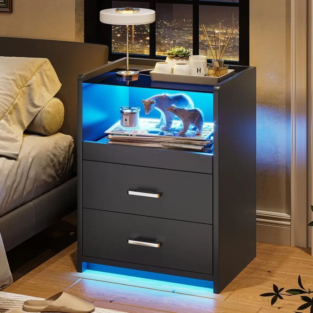 Glass-Top Black Nightstand with Storage Drawers, LED Lights, and USB Charging Ports
Glass-Top Black Nightstand with Storage Drawers, LED Lights, and USB Charging Ports