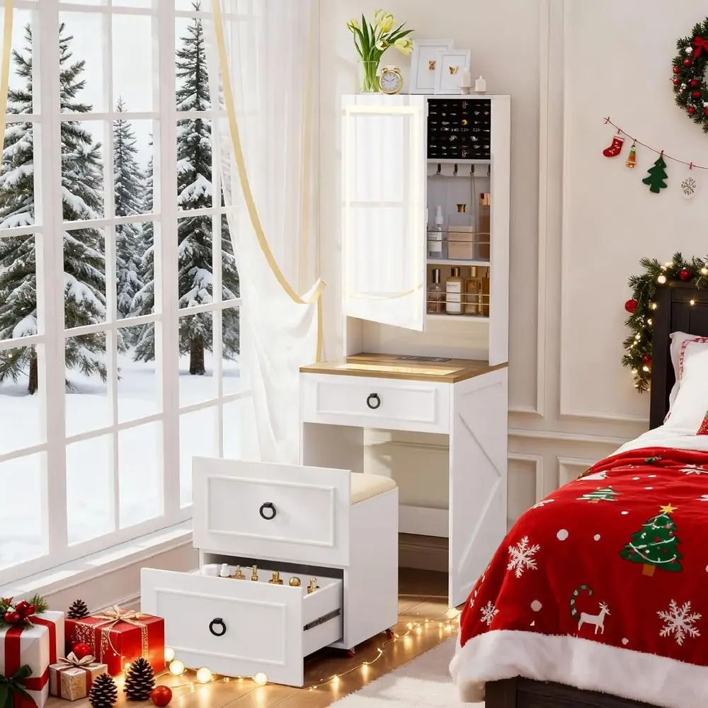 Compact 3-in-1 Vanity Desk with Lights, Mirror, and Charging Station, Including Storage, Glass Top, and Rolling Stool
Compact 3-in-1 Vanity Desk with Lights, Mirror, and Charging Station, Including Storage, Glass Top, and Rolling Stool