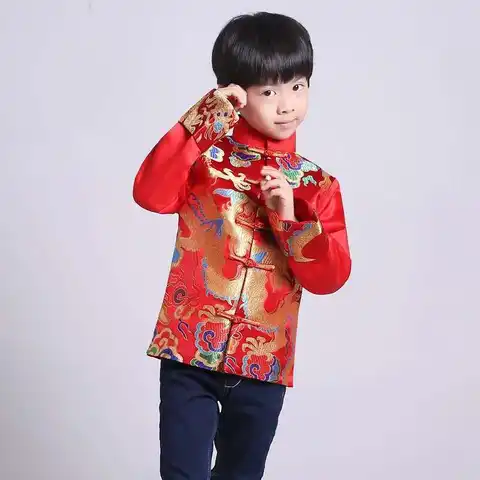 Red Tang Suit Traditional Chinese Clothing Boy Kids Hanfu Top Dragon Print Vintage Satin Kungfu Chinese New Year Party Jacket