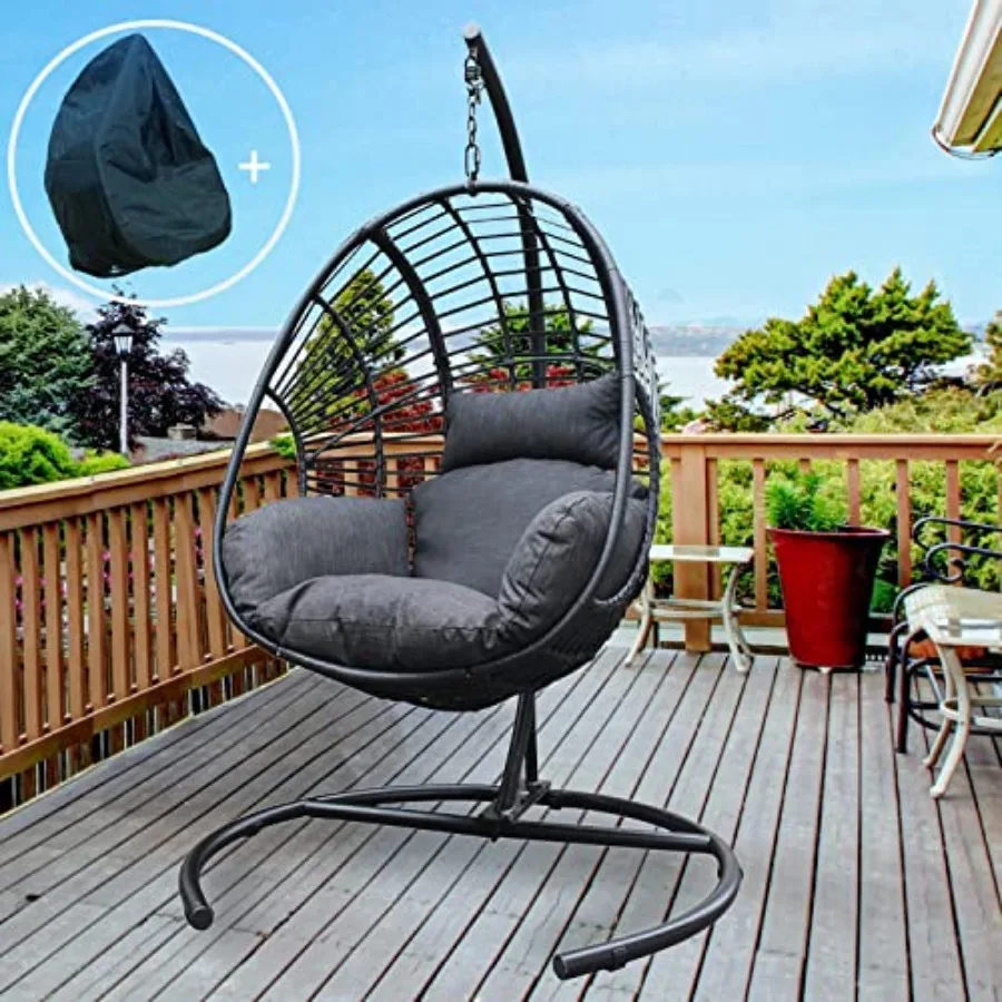 Hanging Egg Chair for Outdoor Indoor Use, Black PE Wicker, Antracite Cushion and Black Base Stand, Ideal for Patio Bedroom Balc
Hanging Egg Chair for Outdoor Indoor Use, Black PE Wicker, Antracite Cushion and Black Base Stand, Ideal for Patio Bedroom Balc