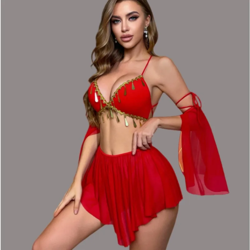 Exotic Hanfu Lingerie Set Sexy Dunhuang Flying Fairy Dancer Sheer Top & Skirt Gold Foil Embroidery Bandage Cosplay Costume Women
Exotic Hanfu Lingerie Set Sexy Dunhuang Flying Fairy Dancer Sheer Top & Skirt Gold Foil Embroidery Bandage Cosplay Costume Women