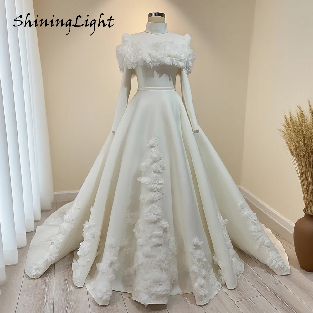 ShiningLight Flowers Muslim Wedding Dress for Bridal High Neck Long Sleeve Satin Ball Gown Wedding Dresses Sweep Train Customize
ShiningLight Flowers Muslim Wedding Dress for Bridal High Neck Long Sleeve Satin Ball Gown Wedding Dresses Sweep Train Customize