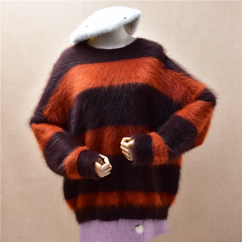 Ladies Women Autumn Winter Fashion Striped Hairy Mink Cashmere Knitted O-Neck Long Sleeves Loose Pullover Sweater Jumper Pull
Ladies Women Autumn Winter Fashion Striped Hairy Mink Cashmere Knitted O-Neck Long Sleeves Loose Pullover Sweater Jumper Pull