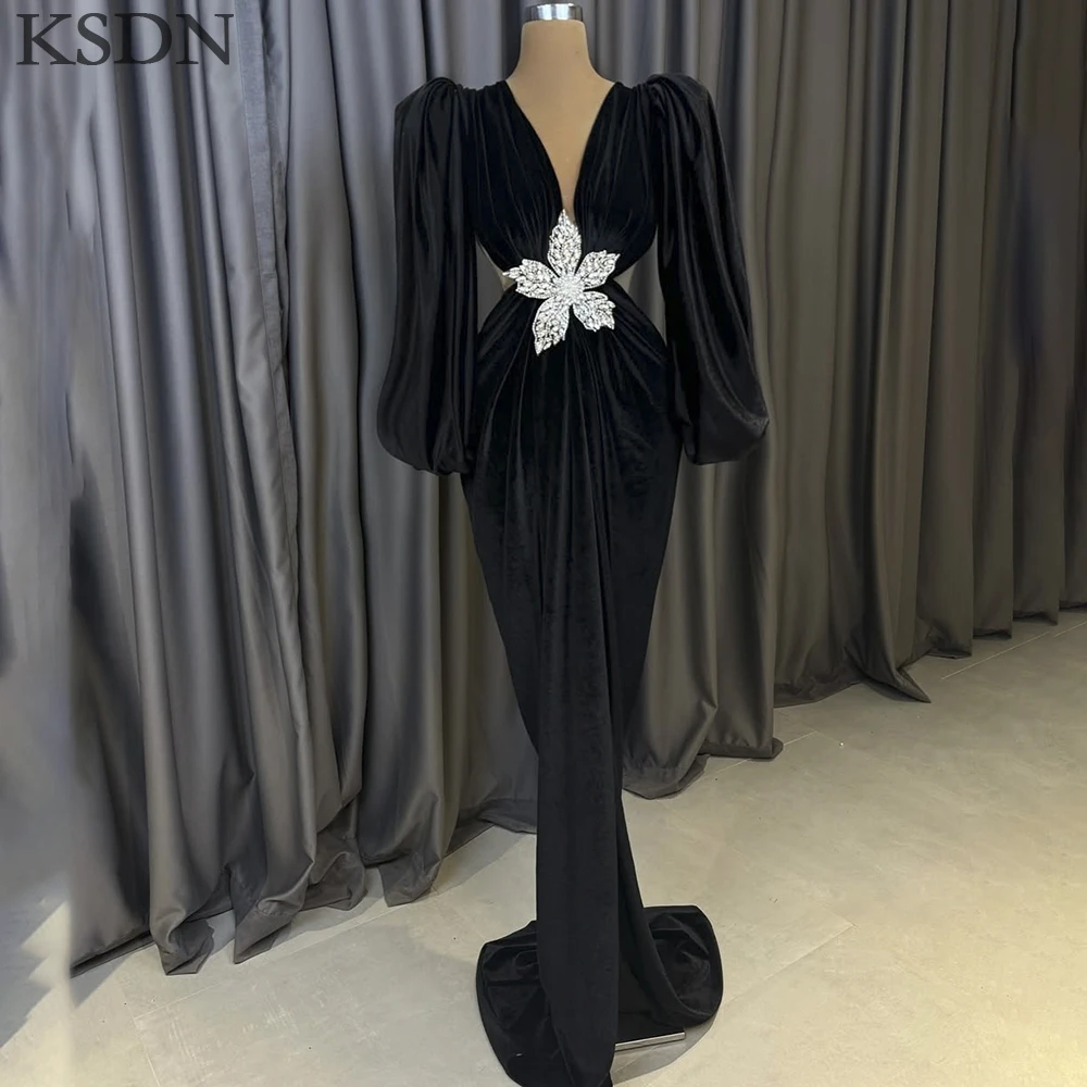 KSDN Black Velvet Evening Dresses Formal V-Neck Long Sleeve Appliques Chapel Train Gowns Special Occasion Customized Dress
KSDN Black Velvet Evening Dresses Formal V-Neck Long Sleeve Appliques Chapel Train Gowns Special Occasion Customized Dress