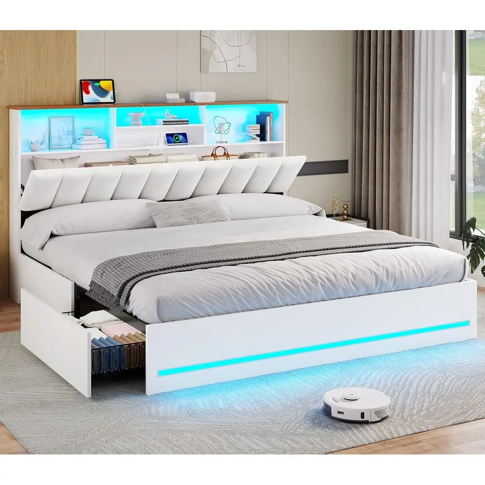 Деревянная кровать размера King с книжным шкафом, зарядной станцией, 4 ящиками, светодиодной подсветкой, портами USB и Type-C, без коробчатой пружины, белый
Деревянная кровать размера King с книжным шкафом, зарядной станцией, 4 ящиками, светодиодной подсветкой, портами USB и Type-C, без коробчатой пружины, белый