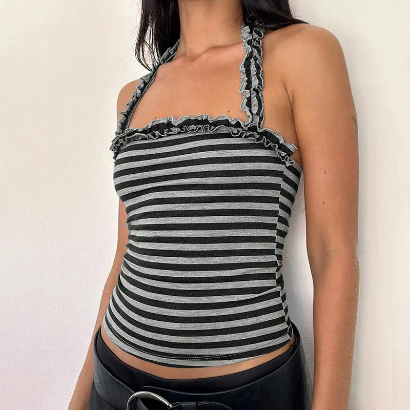 2025 Summer Sexy Hot Girl Casual Striped Halterneck Pleated Slim-Fit Figure-Flattering Cami Top 
2025 Summer Sexy Hot Girl Casual Striped Halterneck Pleated Slim-Fit Figure-Flattering Cami Top