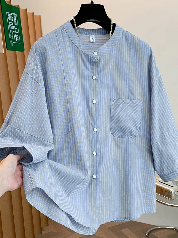Blue Striped Casual Women's Shirt Korean Style Stand Collar Seven Sleeve Breathable Cotton Polyester Blend Summer New Arrival
Blue Striped Casual Women's Shirt Korean Style Stand Collar Seven Sleeve Breathable Cotton Polyester Blend Summer New Arrival