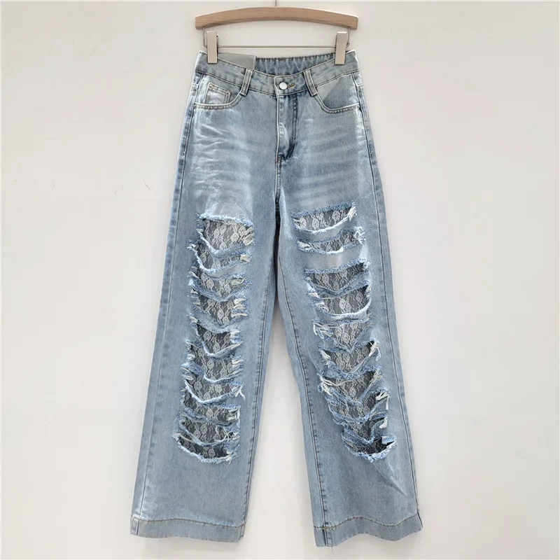 Lace Patchwork Ripped Jeans for Women Summer High Waist Blue Straight Leg Trousers American Fashion Loose Hole Denim Pants
Lace Patchwork Ripped Jeans for Women Summer High Waist Blue Straight Leg Trousers American Fashion Loose Hole Denim Pants