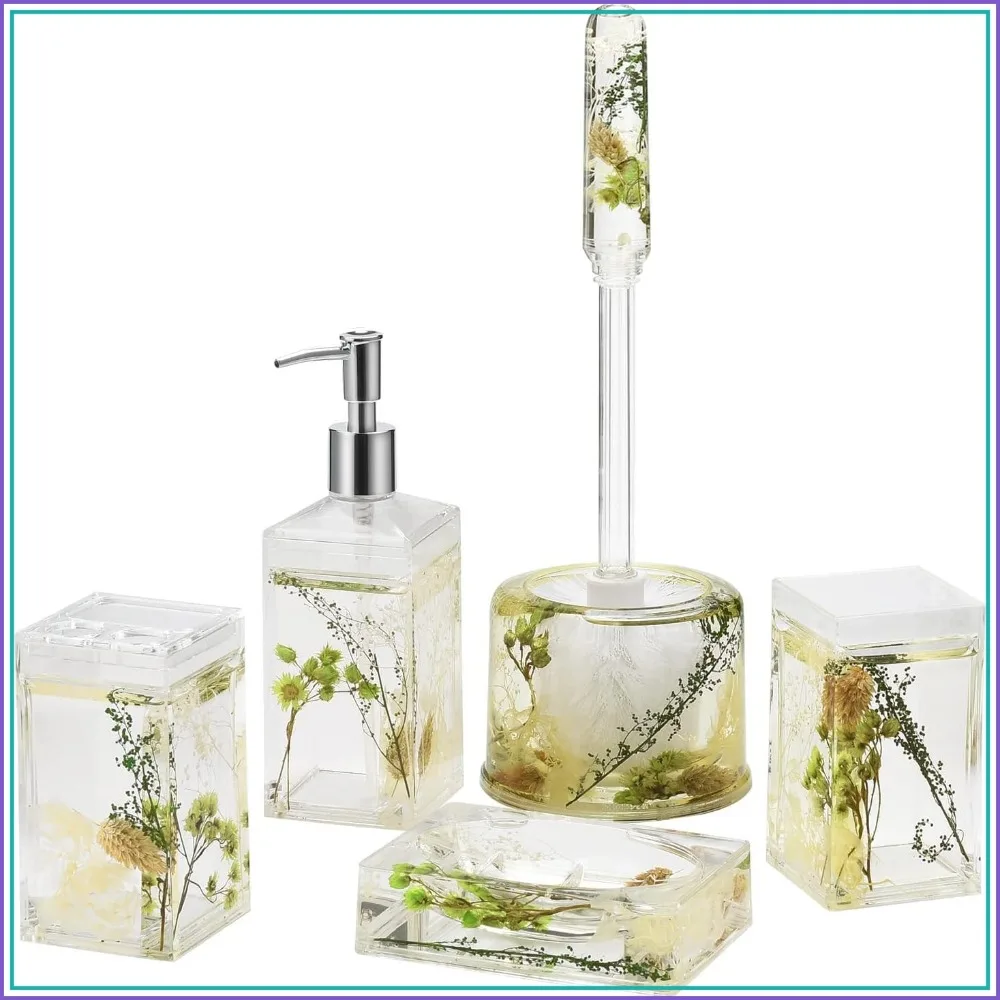 5 Piece Acrylic Liquid 4D Floating Motion Bathroom Vanity Accessory Set Garden Botanic Green Plants Toothbrush Holder, Tumbler, Soap Dispenser, Soap Dish, Toilet Brush Holder Set
5 Piece Acrylic Liquid 4D Floating Motion Bathroom Vanity Accessory Set Garden Botanic Green Plants Toothbrush Holder, Tumbler, Soap Dispenser, Soap Dish, Toilet Brush Holder Set