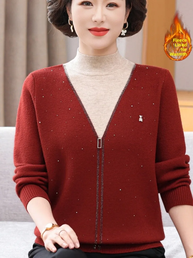 Warm Fce Lined Zipper Sweater Mom Sle Base Layer irt Diamond Embellied Top for Middle-Aged And ly Women
Warm Fce Lined Zipper Sweater Mom Sle Base Layer irt Diamond Embellied Top for Middle-Aged And ly Women