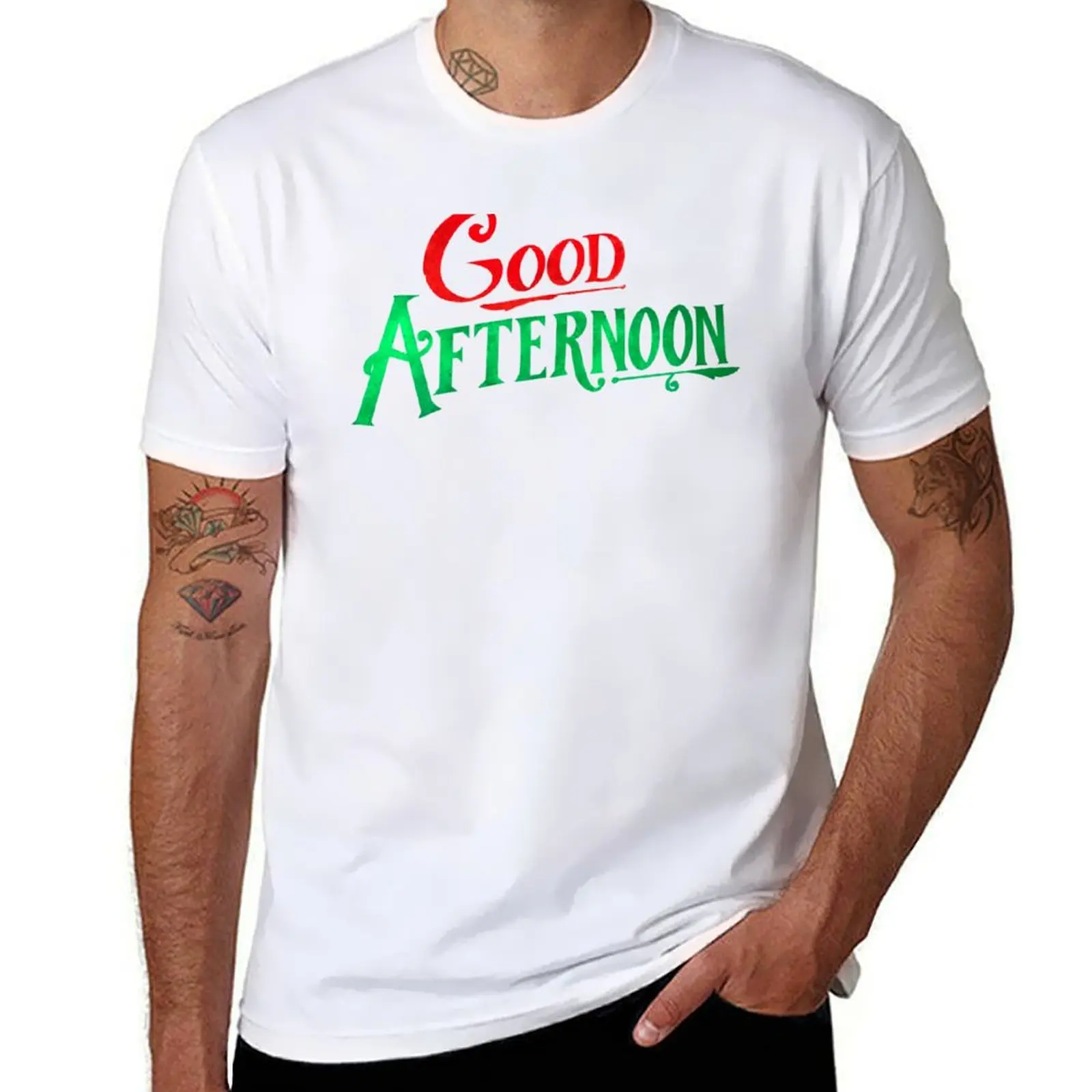 Good Afternoon! from Spirited (Red and Green Graphic) T-Shirt t shirt for man 100 percent cotton T-Shirt
Good Afternoon! from Spirited (Red and Green Graphic) T-Shirt t shirt for man 100 percent cotton T-Shirt