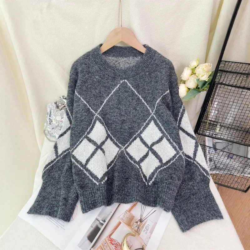Checkered Sweater Round Neck Color-Block Pattern Casual Loose Women's Sweater
Checkered Sweater Round Neck Color-Block Pattern Casual Loose Women's Sweater