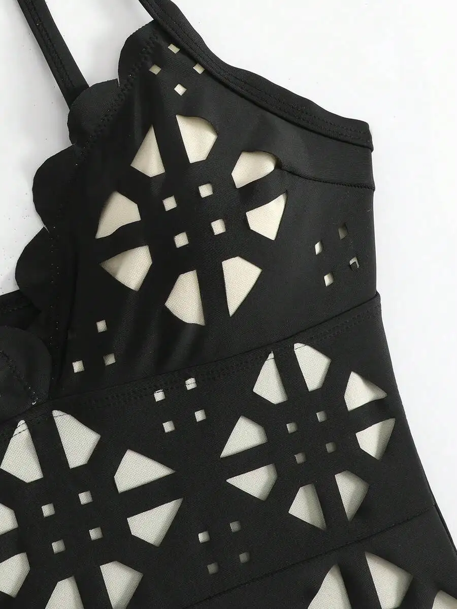 Black Laser Cut Out Halter One Piece Swimsuit With Skirt
Black Laser Cut Out Halter One Piece Swimsuit With Skirt