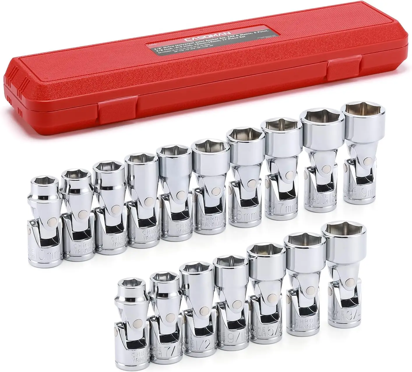 Universal Flex Socket Set, 17PCS 3/8" Drive SAE & Metric, 6-Point CR-V Swivel Head 360° Access, 3/8" to 3/4", 10mm to 19mm
Universal Flex Socket Set, 17PCS 3/8" Drive SAE & Metric, 6-Point CR-V Swivel Head 360° Access, 3/8" to 3/4", 10mm to 19mm